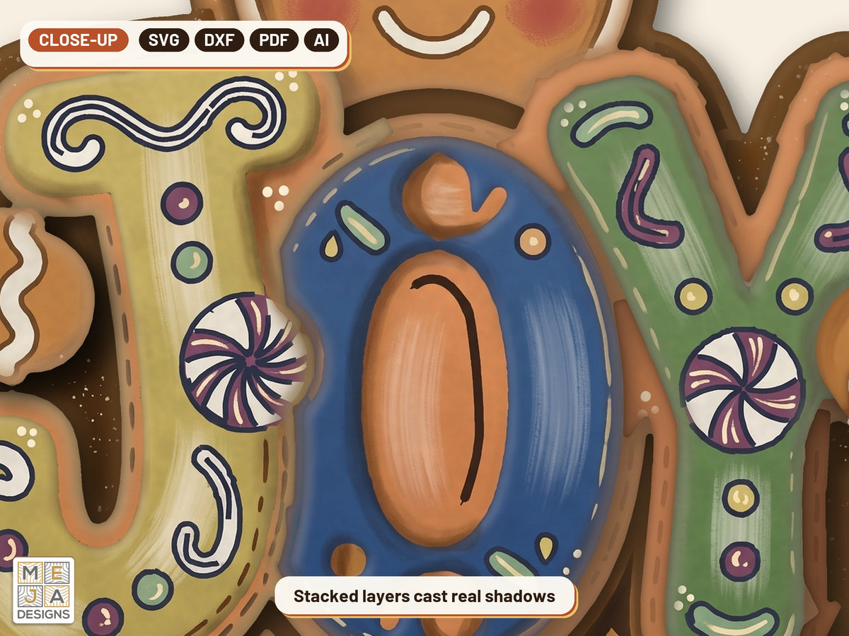 Gingerbread JOY Ornament laser cut file: a close-up of its layers