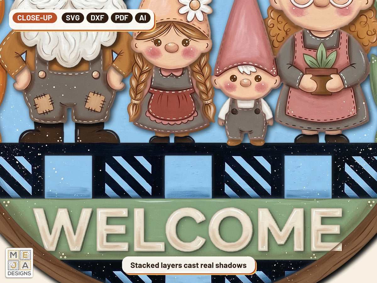 Gnome Family Welcome Sign laser cut file: a close-up of its layers