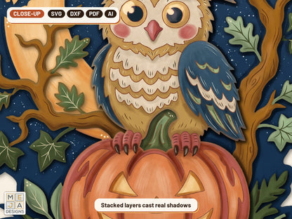 Witch Hat Owl Pumpkin laser cut file: a close-up of its layers