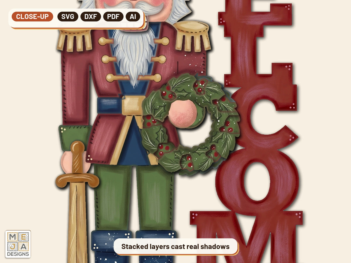 Nutcracker Welcome Door Hanger laser cut file: a close-up of its layers