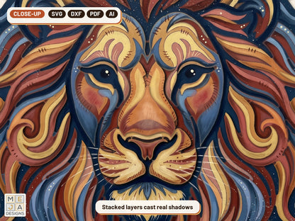 Swirl Lion Head Sign laser cut file: a close-up of its layers