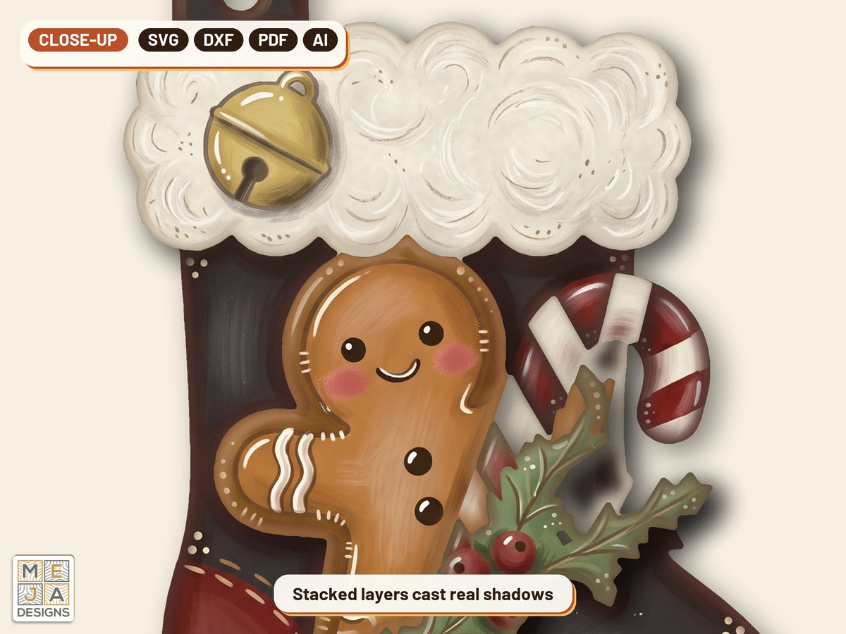 Gingerbread Stocking Ornament laser cut file: a close-up of its layers