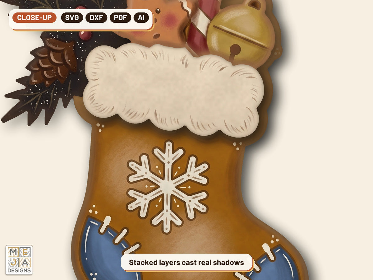 Gingerbread Stocking Ornament laser cut file: a close-up of its layers