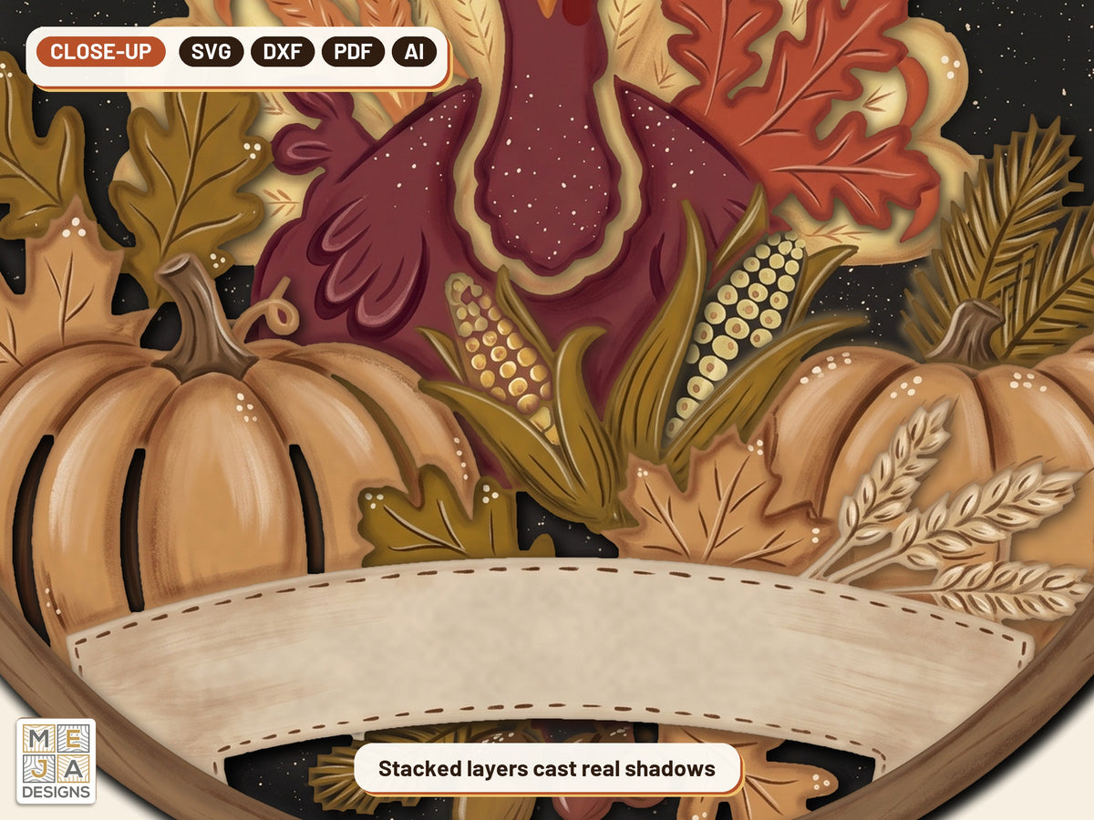 Turkey Pumpkin Patch Round Sign laser cut file: a close-up of its layers