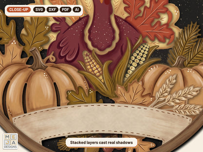 Turkey Pumpkin Patch Round Sign laser cut file: a close-up of its layers