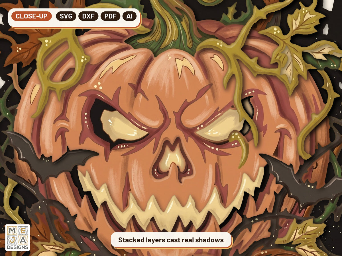 Gnarled Jack-O'-Lantern Hanger laser cut file: a close-up of its layers