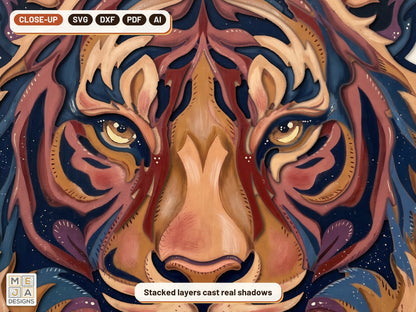Swirl Tiger Head Sign laser cut file: a close-up of its layers