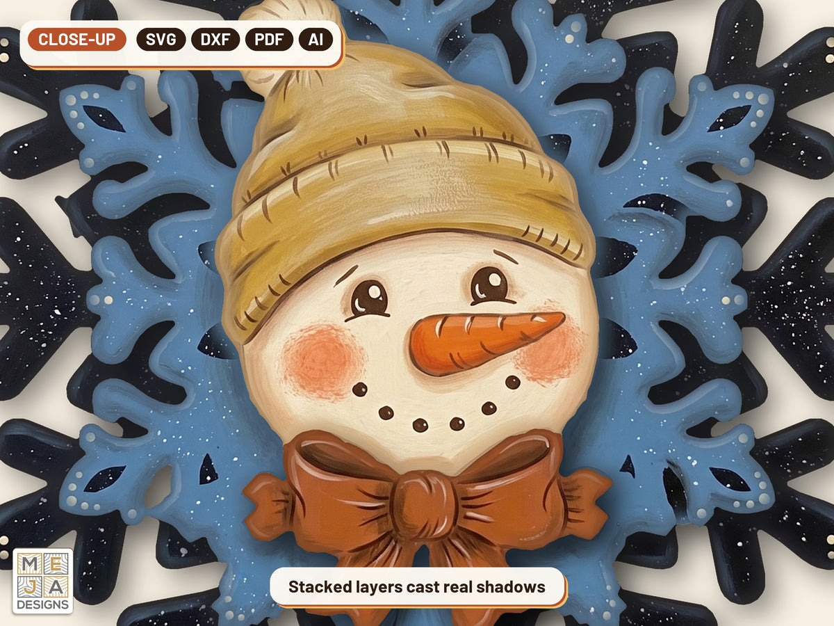 Snowman Snowflake Ornament laser cut file: a close-up of its layers