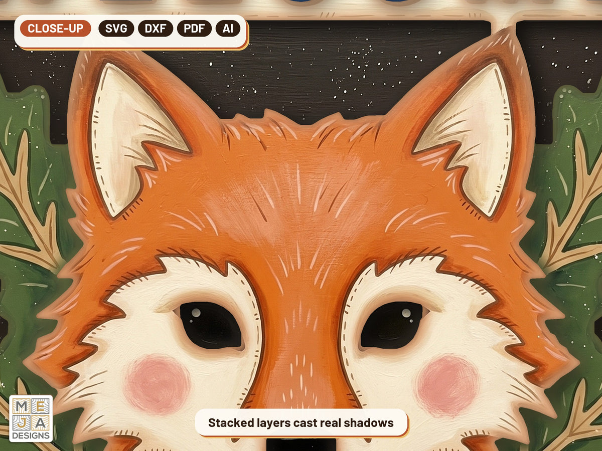 Fox Welcome Magnet laser cut file: a close-up of its layers