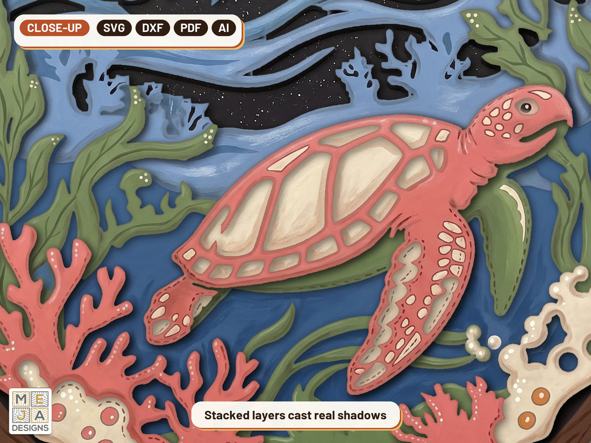 Sea Turtle Reef Scene laser cut file: a close-up of its layers