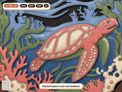 Sea Turtle Reef Scene laser cut file: a close-up of its layers