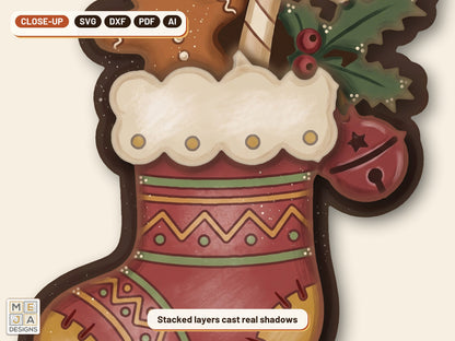 Gingerbread Christmas Stocking Ornament laser cut file: a close-up of its layers