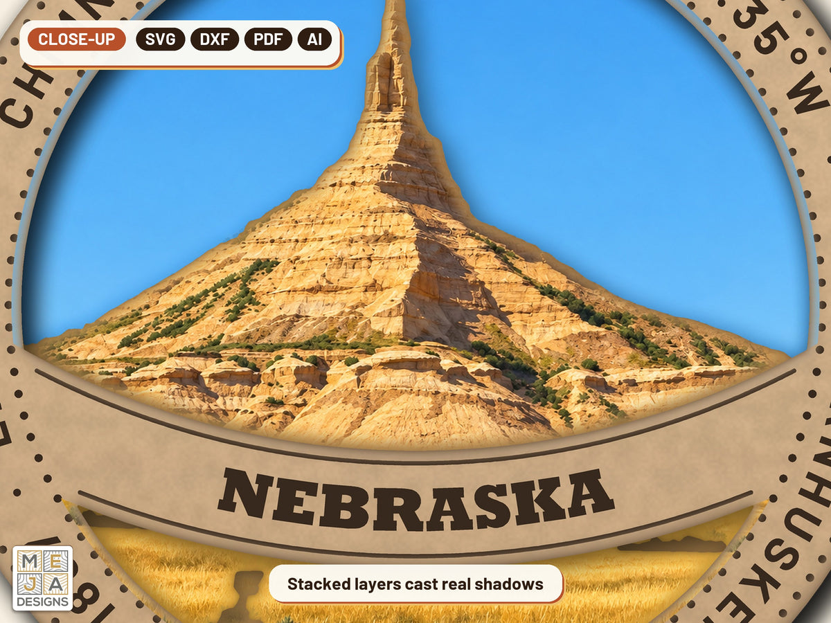 Nebraska State Ornament laser cut file: a close-up of its layers
