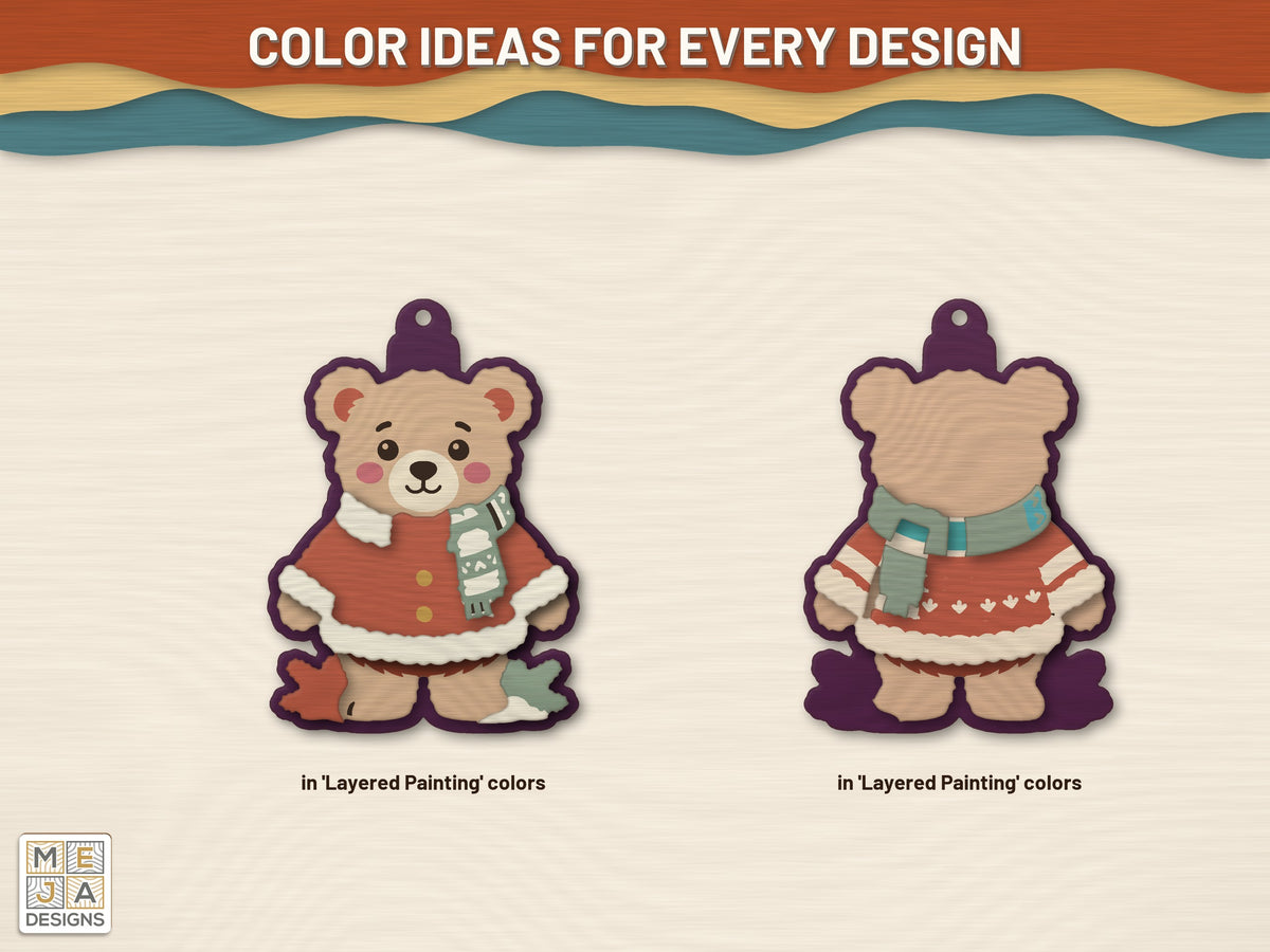 Two-Sided Teddy Bear Christmas Ornament laser cut file: color ideas for painting it