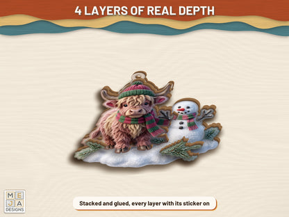 Highland Cow Snowman Ornament sticker pack: the finished piece, colored with the stickers