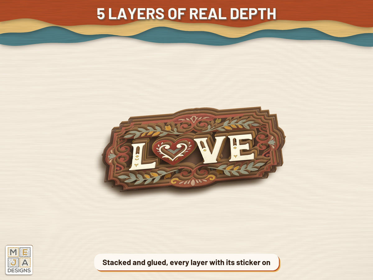 Rustic Folk LOVE Sign sticker pack: the finished piece, colored with the stickers