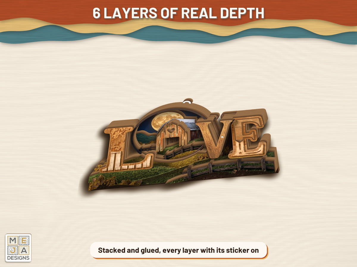 Rustic Barn LOVE Sign sticker pack: the finished piece, colored with the stickers