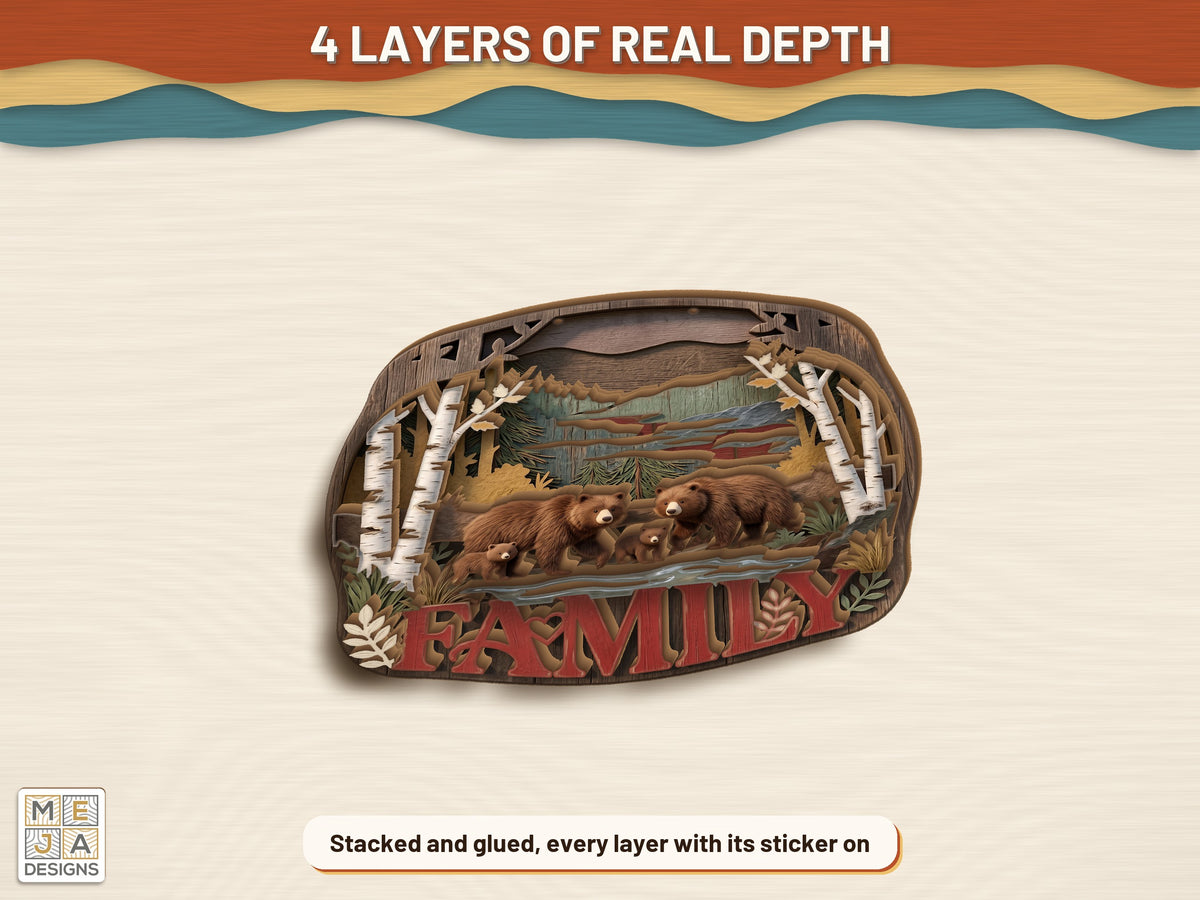 Rustic Bear Family Sign sticker pack: the finished piece, colored with the stickers