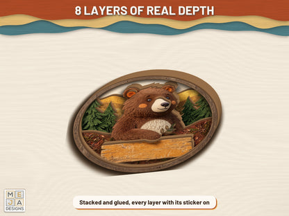 Woodland Bear Friend Hello Sign sticker pack: the finished piece, colored with the stickers
