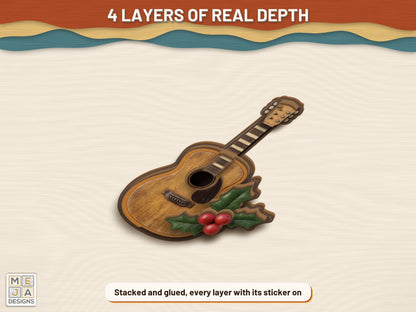 Acoustic Guitar Holly Ornament sticker pack: the finished piece, colored with the stickers