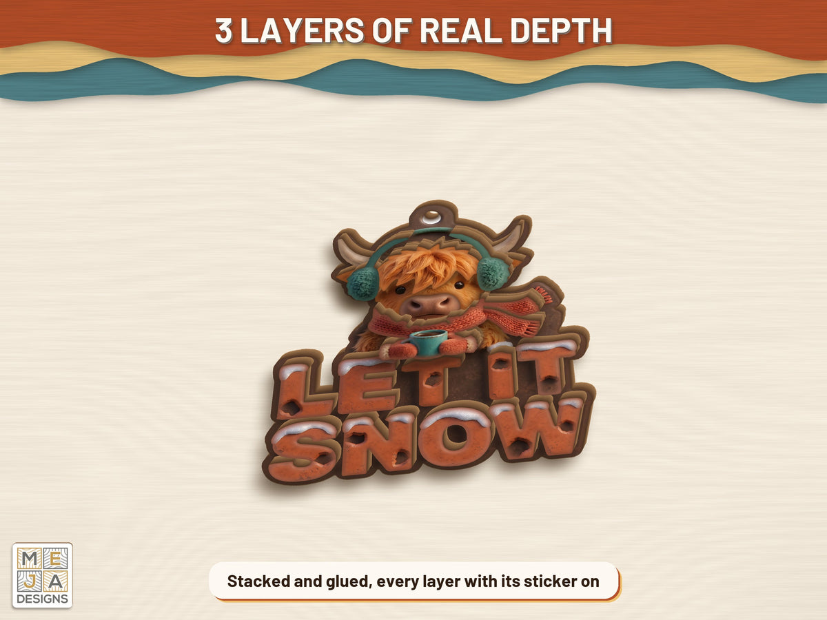 Highland Cow Let It Snow Ornament sticker pack: the finished piece, colored with the stickers