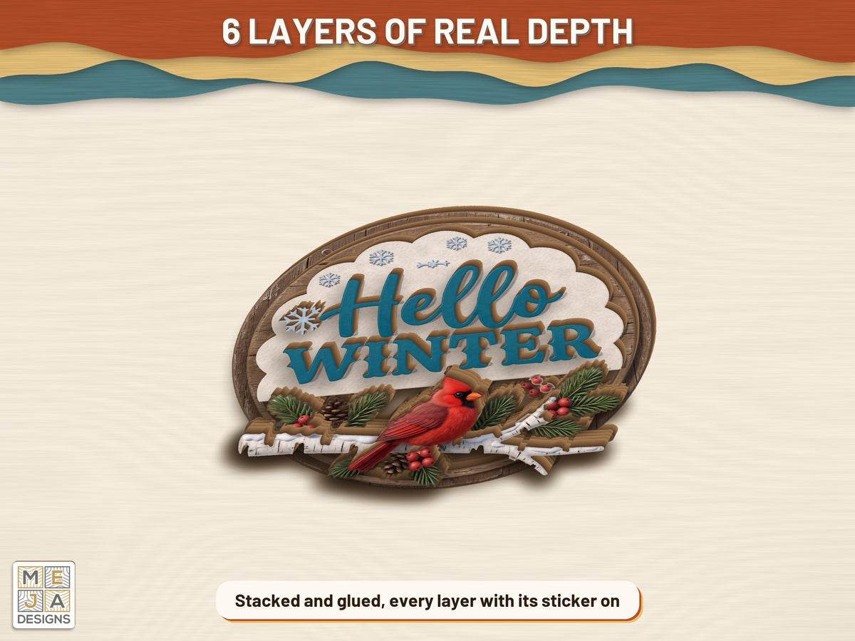 Hello Winter Cardinal Sign sticker pack: the finished piece, colored with the stickers