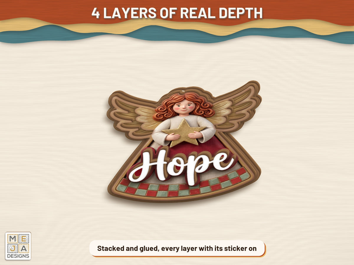 Rustic Hope Angel Ornament sticker pack: the finished piece, colored with the stickers