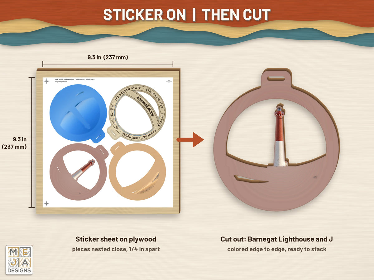 New Jersey State Ornament sticker pack: a sticker sheet on the wood, then cut on the laser