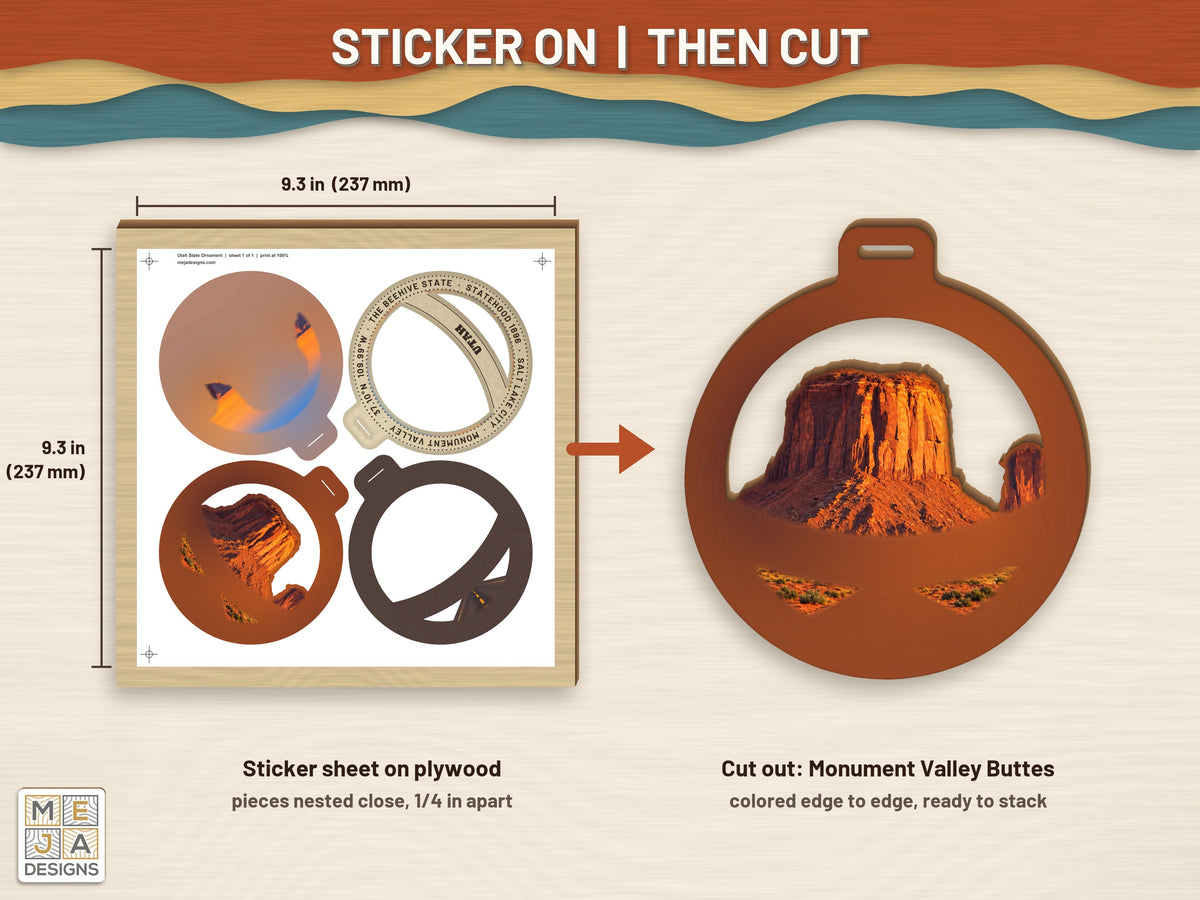 Utah State Ornament sticker pack: a sticker sheet on the wood, then cut on the laser