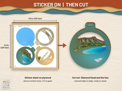 Hawaii State Ornament sticker pack: a sticker sheet on the wood, then cut on the laser