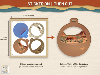 Nevada State Ornament sticker pack: a sticker sheet on the wood, then cut on the laser