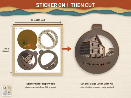 West Virginia State Ornament sticker pack: a sticker sheet on the wood, then cut on the laser