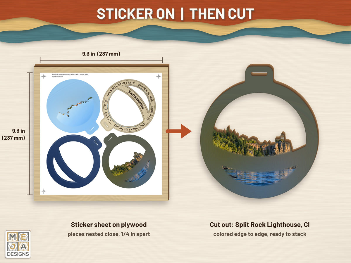 Minnesota State Ornament sticker pack: a sticker sheet on the wood, then cut on the laser