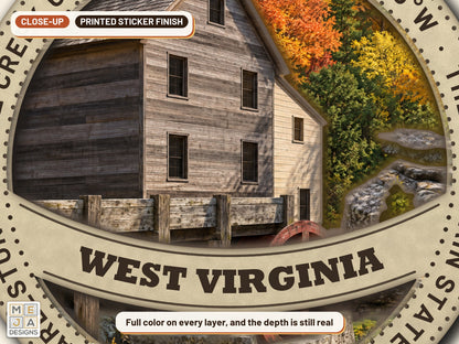 West Virginia State Ornament sticker pack: a close-up of the stickered layers