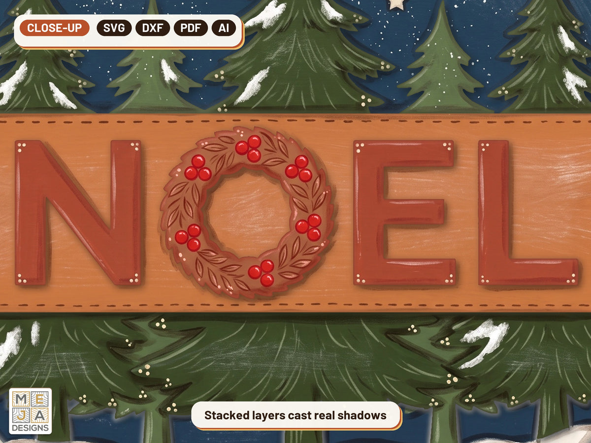 Pine Forest Noel Sign laser cut file: a close-up of its layers