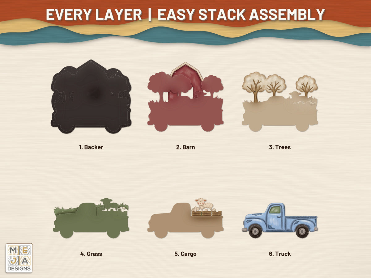 Vintage Spring Farm Truck laser cut file: every layer laid out