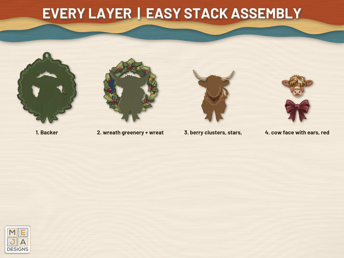 Highland Cow Wreath Ornament laser cut file: every layer laid out