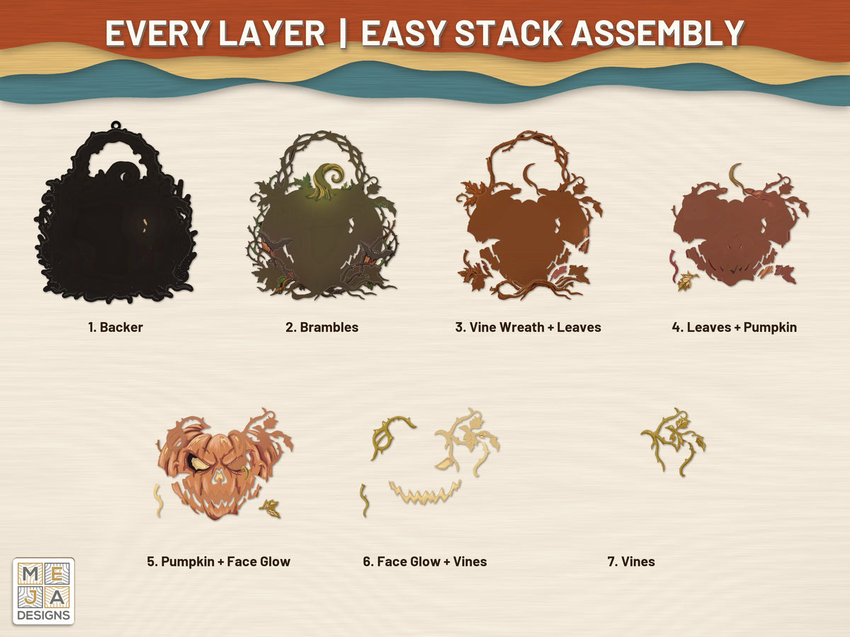 Gnarled Jack-O'-Lantern Hanger laser cut file: every layer laid out