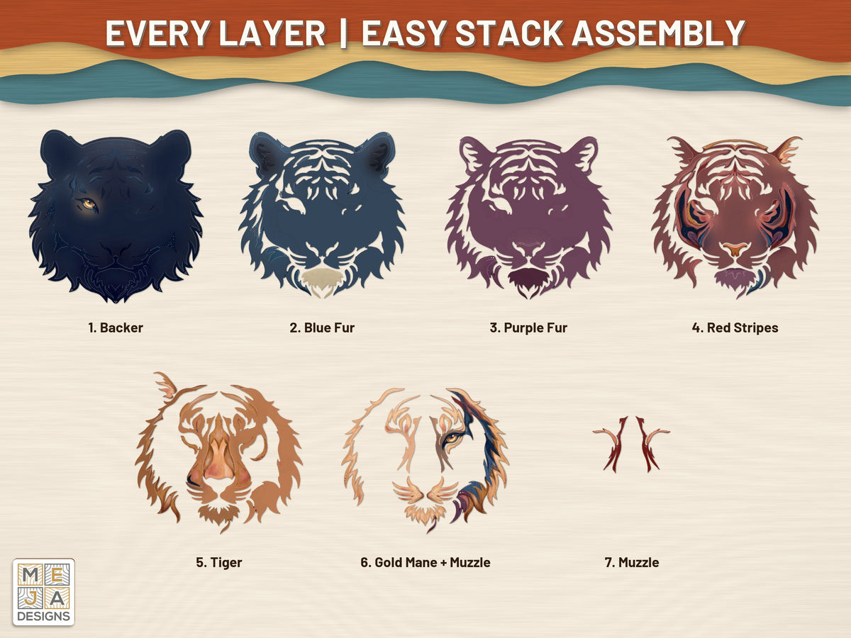 Swirl Tiger Head Sign laser cut file: every layer laid out