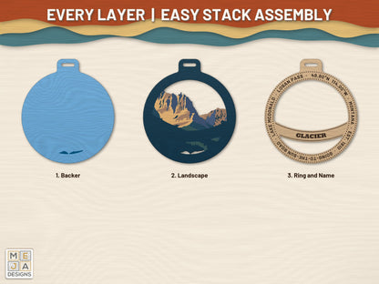Glacier National Park Ornament laser cut file: every layer laid out