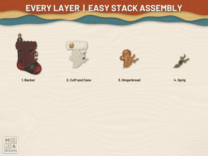 Gingerbread Stocking Ornament laser cut file: every layer laid out