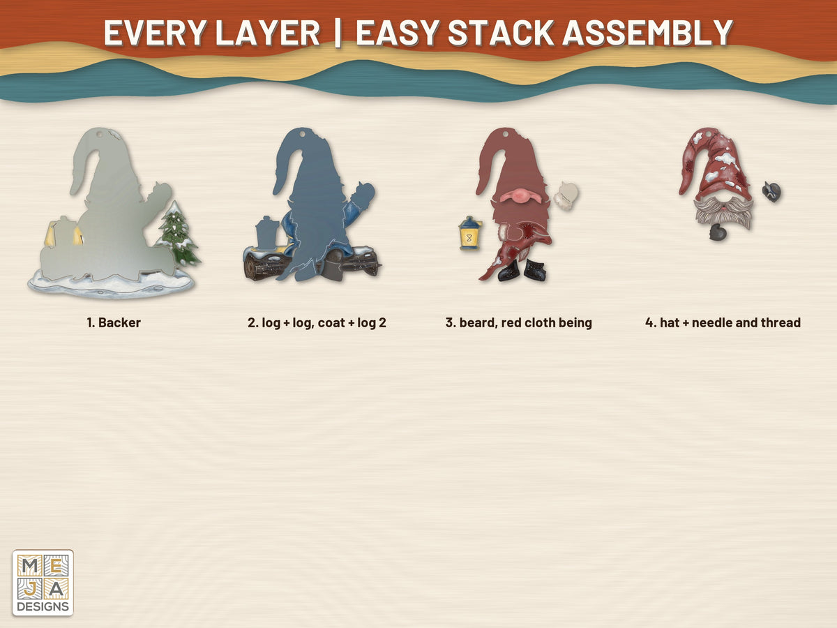 Gnome Patching Hat Ornament laser cut file: every layer laid out