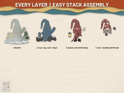 Gnome Patching Hat Ornament laser cut file: every layer laid out