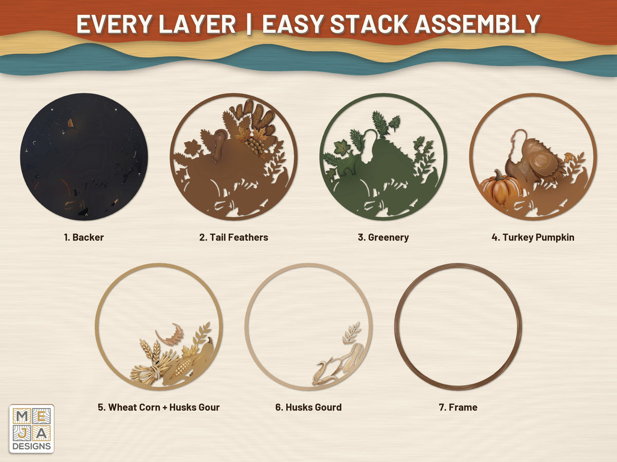 Thanksgiving Harvest Turkey laser cut file: every layer laid out