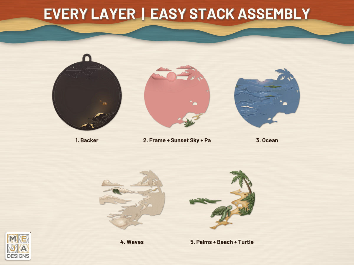 Sea Turtle Beach Hanger laser cut file: every layer laid out