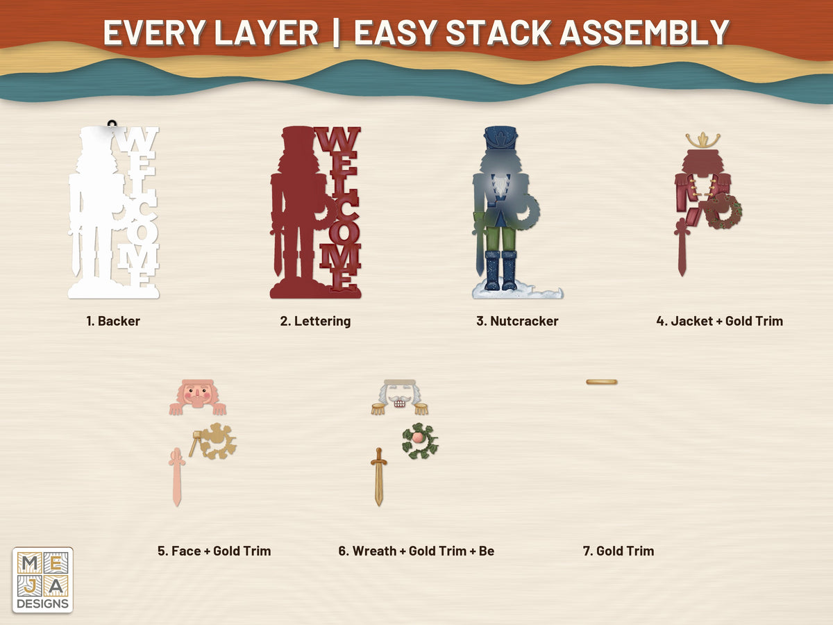 Nutcracker Welcome Door Hanger laser cut file: every layer laid out
