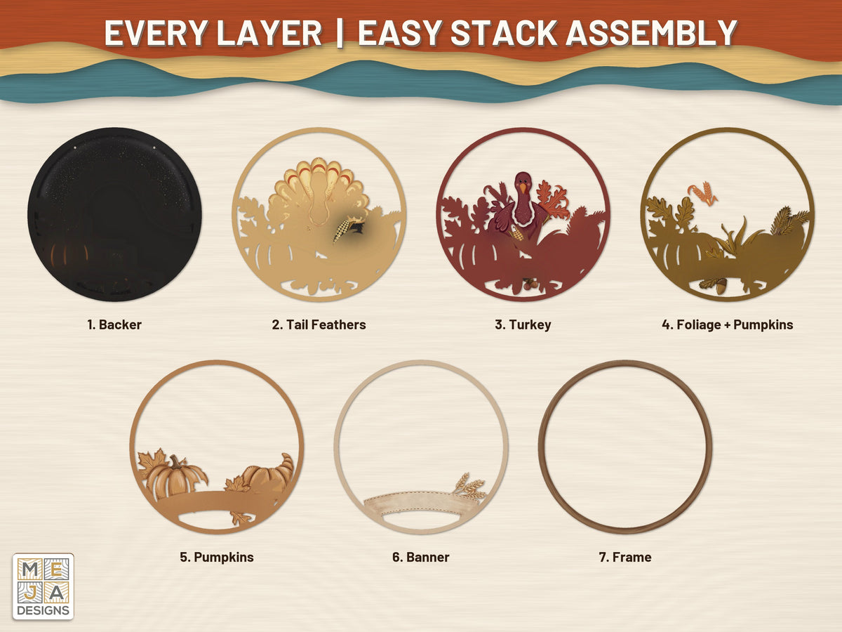 Turkey Pumpkin Patch Round Sign laser cut file: every layer laid out