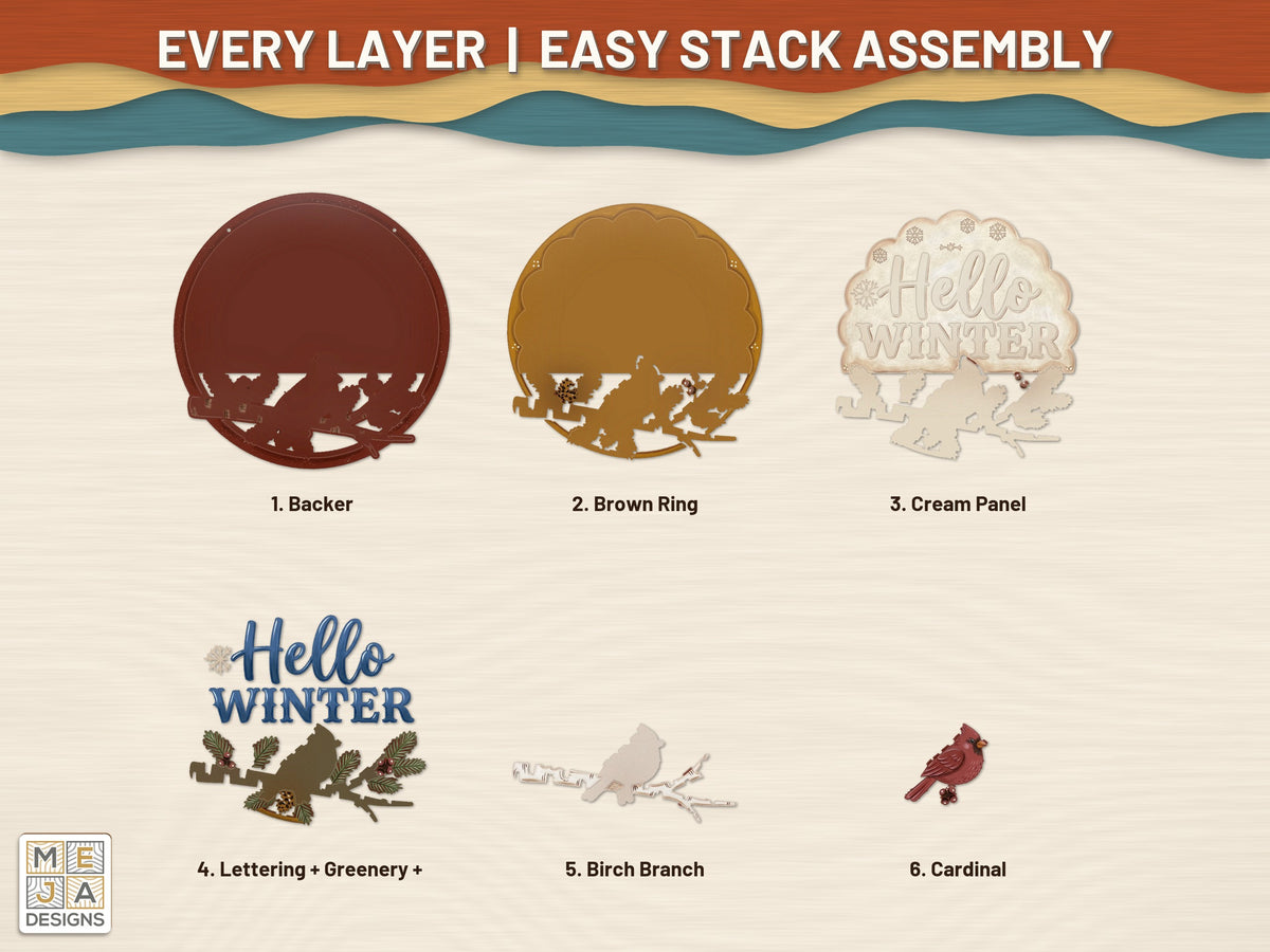 Hello Winter Cardinal Sign laser cut file: every layer laid out