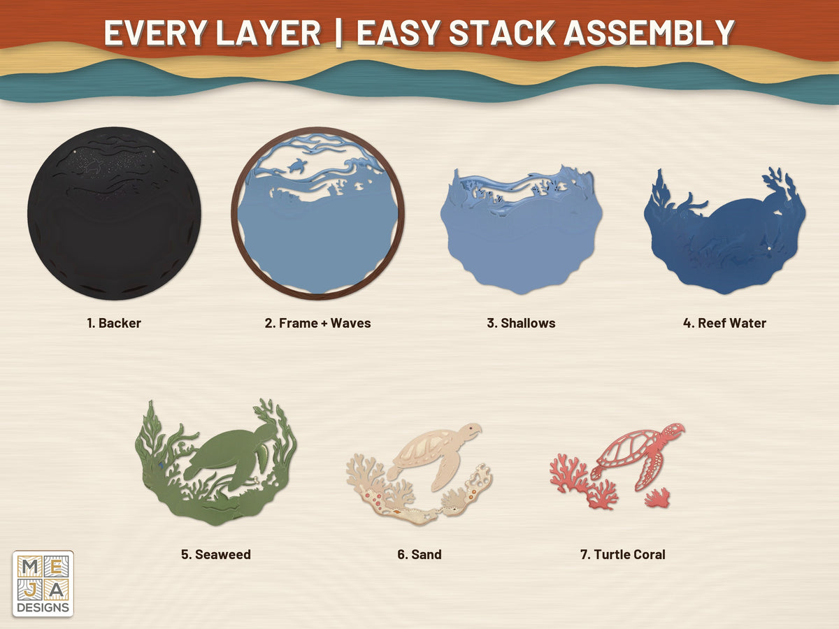 Sea Turtle Reef Scene laser cut file: every layer laid out