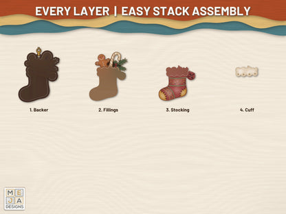 Gingerbread Christmas Stocking Ornament laser cut file: every layer laid out